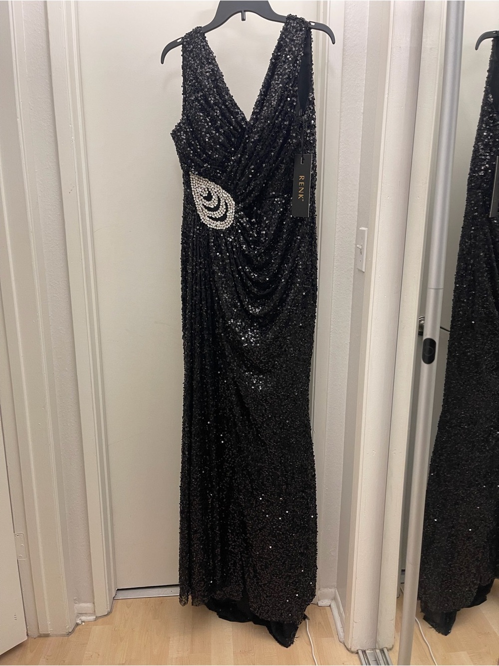Black Sequin Evening Gown with Crystal Waist Detail